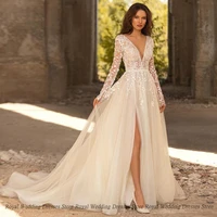 high quality a line wedding dresses applique print open beck v neck high slit 2022 brush summer floor length gowns robe de ma