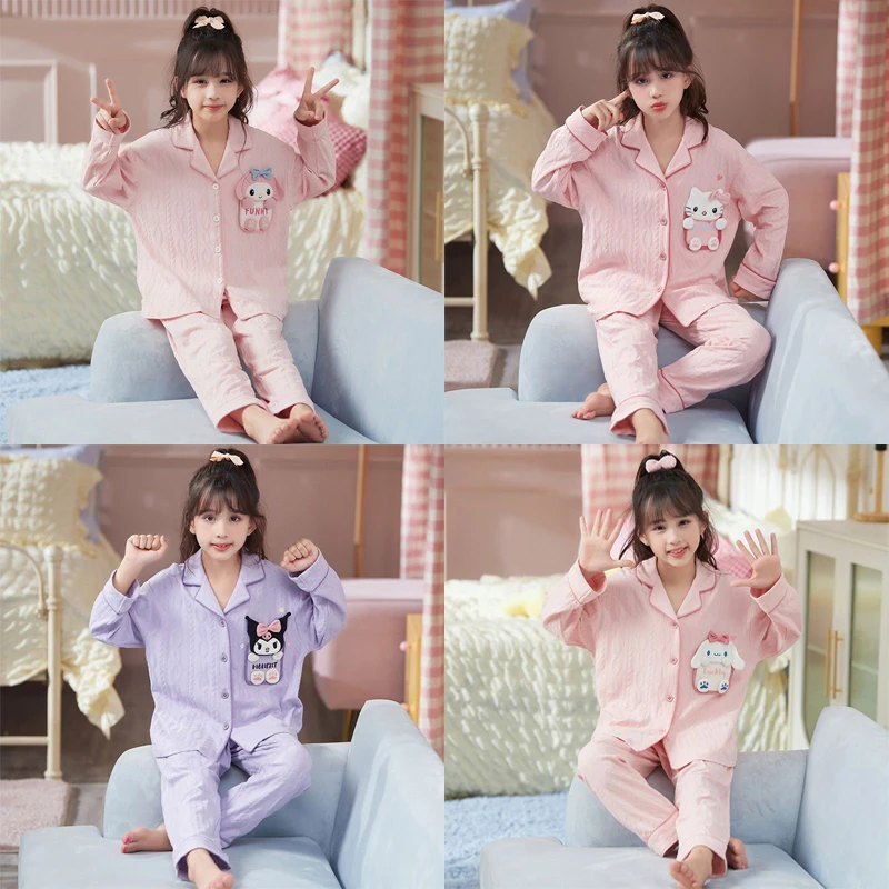 

Cute Cartoonsanrioed Kuromi My Melody Hellokittys Cinnamoroll Children's Pajamas Pure Cotton Long Sleeved Home Clothing Set