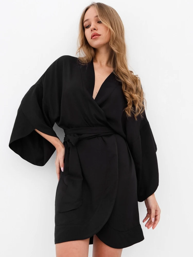 

Linad Black Robes For Women Loose Three Quarter Sleeve V Neck Nightwear Sashes 2022 Autumn Bathrobe Female Casual Sleepwear