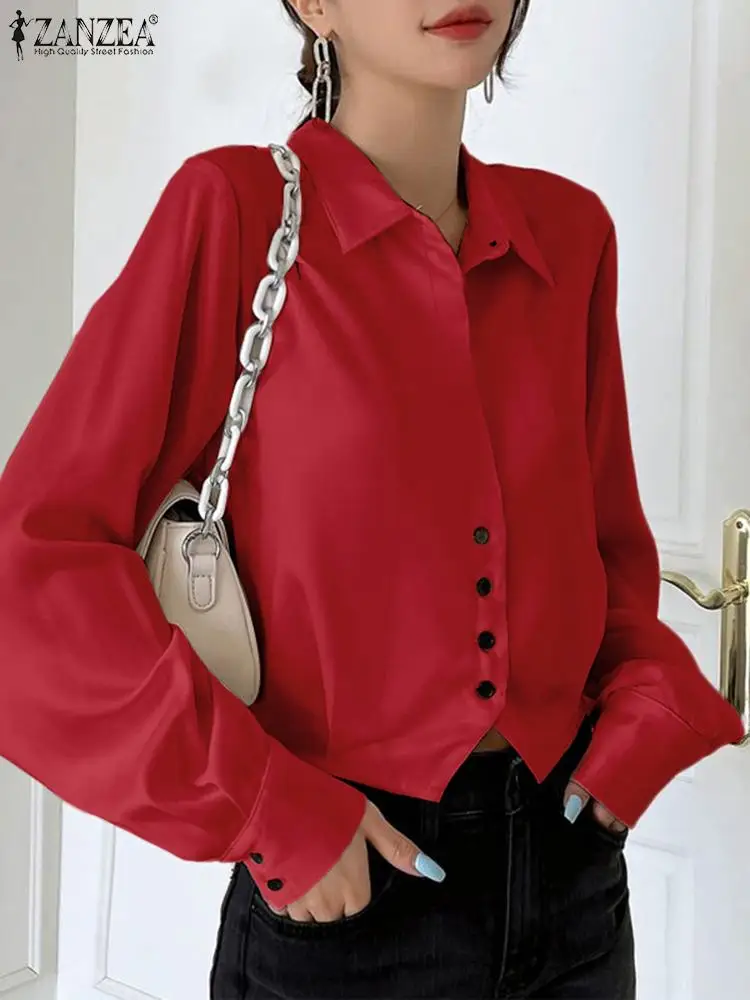 

ZANZEA Office Lady Buttons Blouse Women Satin Short Shirt Elegant Turn Down Collar Chemise Casual Long Sleeve Fashion Crop Tops