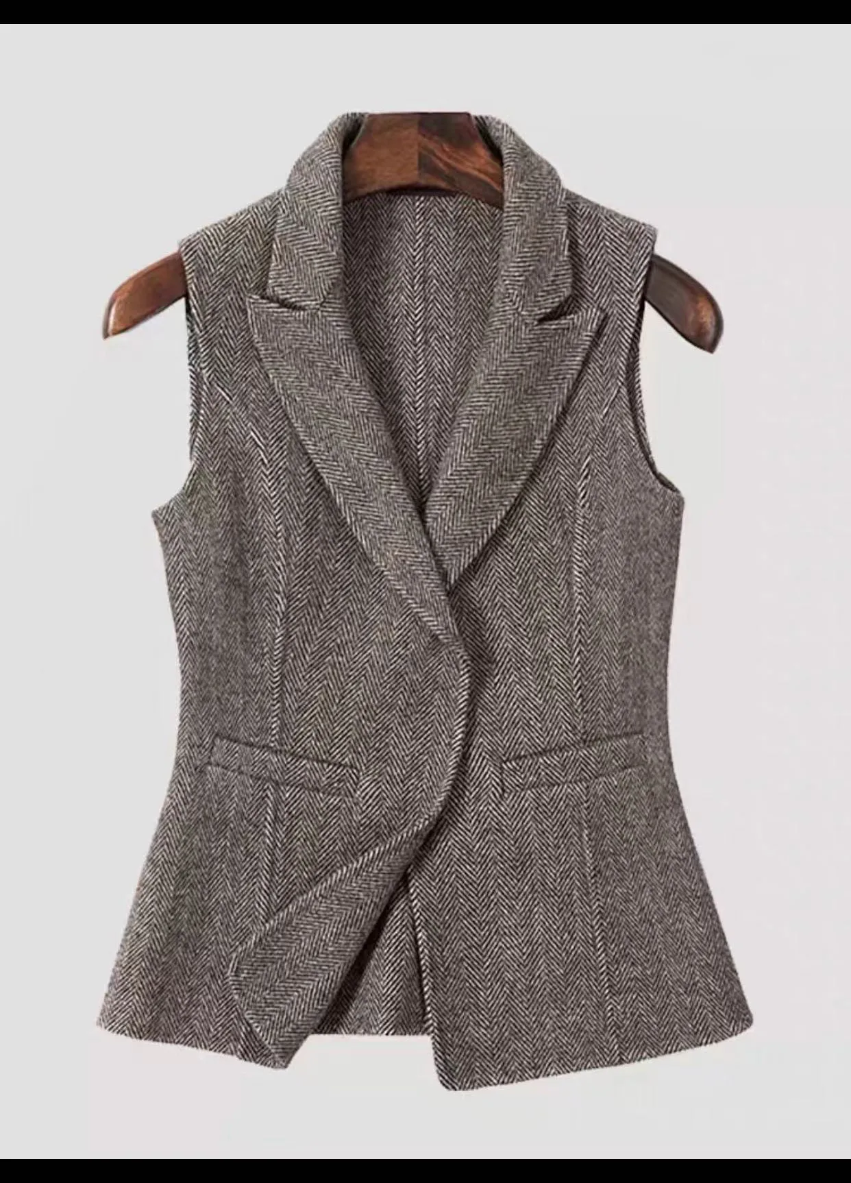 

Women's Herringbone Vest Elegant OL Notch Lapel Invisible Buckle Business Office Formal Workwear Jacket