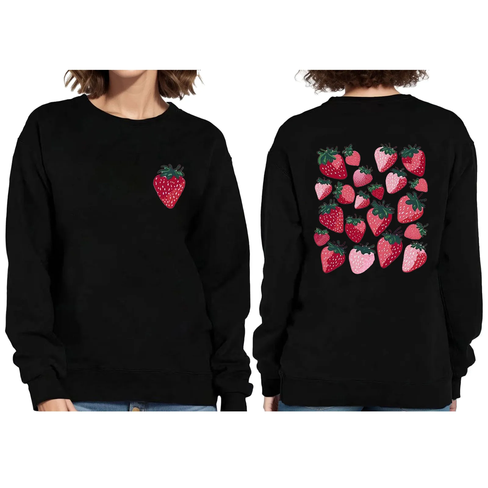 

Strawberry Print Sweatshirts Womens Kawaii Graphic Cartoon Hoodies Loose Crew Neck Tracksuits Harajuku Spring Autumn Pullovers