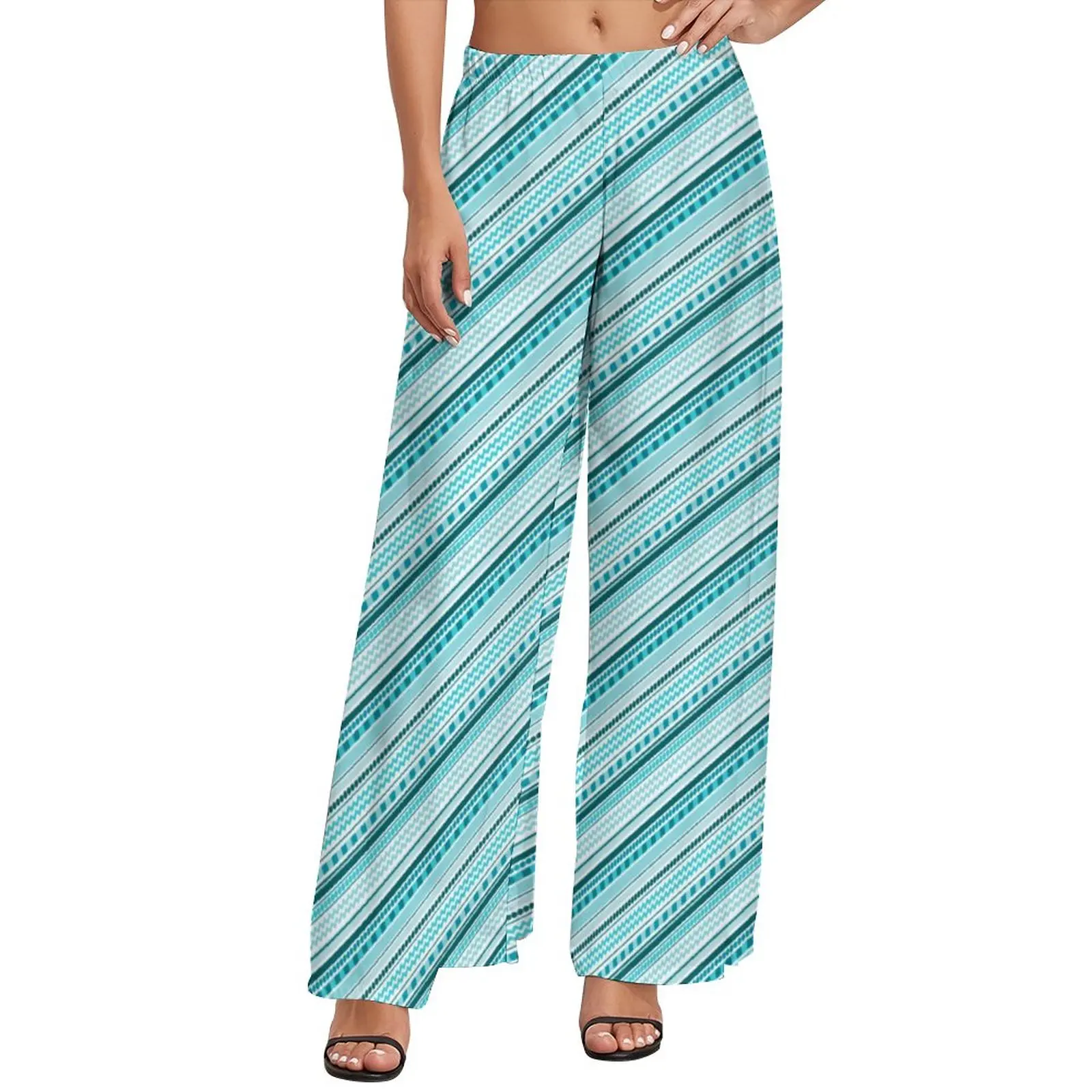 

Retro Dots And Stripes Pants Elastic High Waist Blue Line Design Office Trousers Street Wear Print Wide Pants