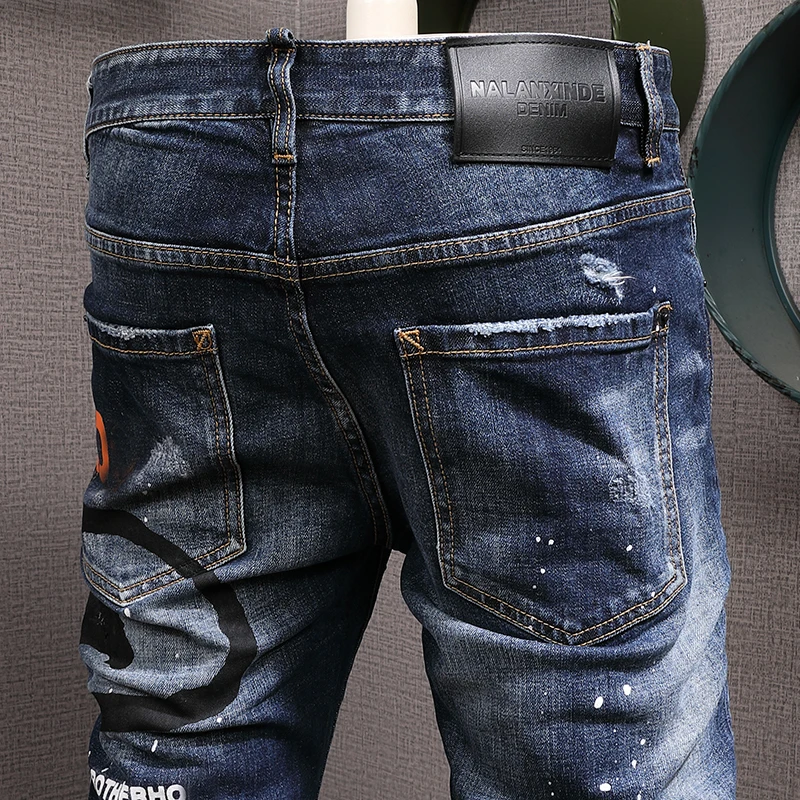 High Street Fashion Men Jeans Retro Blue Stretch Slim Fit Vintage Ripped Jeans Men Printed Designer Hip Hop Brand Pants Hombre