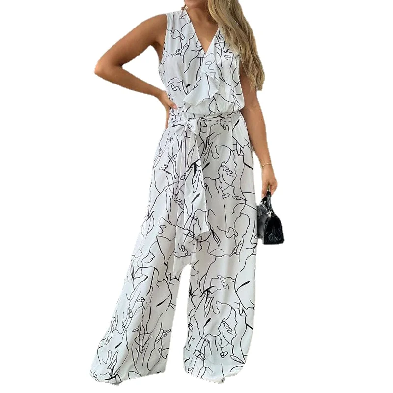 Y2k Casual Women's Wear Summer New Loose V-Neck Sleeveless Graffiti Bandage Wide Leg Jumpsuit  Jump Suits for Women Loose