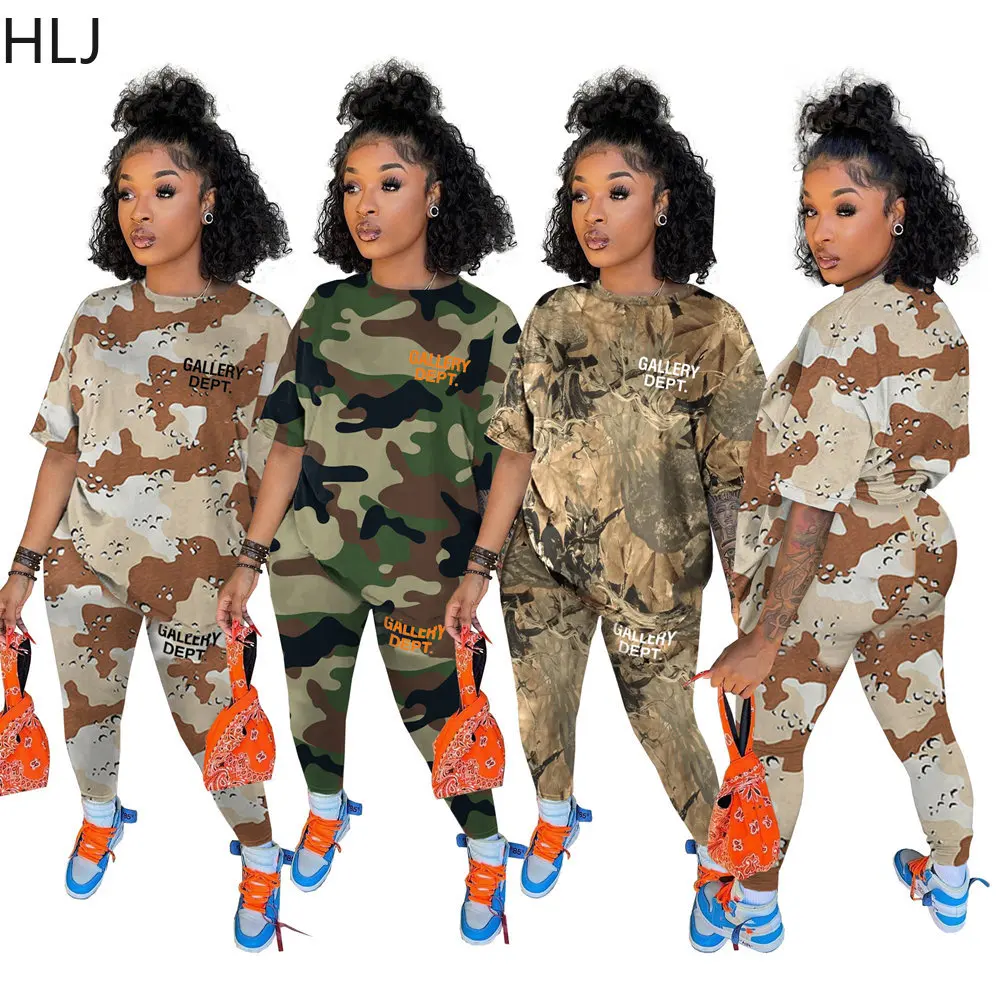 

HLJ Casual Camouflage Letter Printing Tracksuits Women Round Neck Short Sleeve Tshirts+Skinny Pants Two Piece Sets Outfits 2023