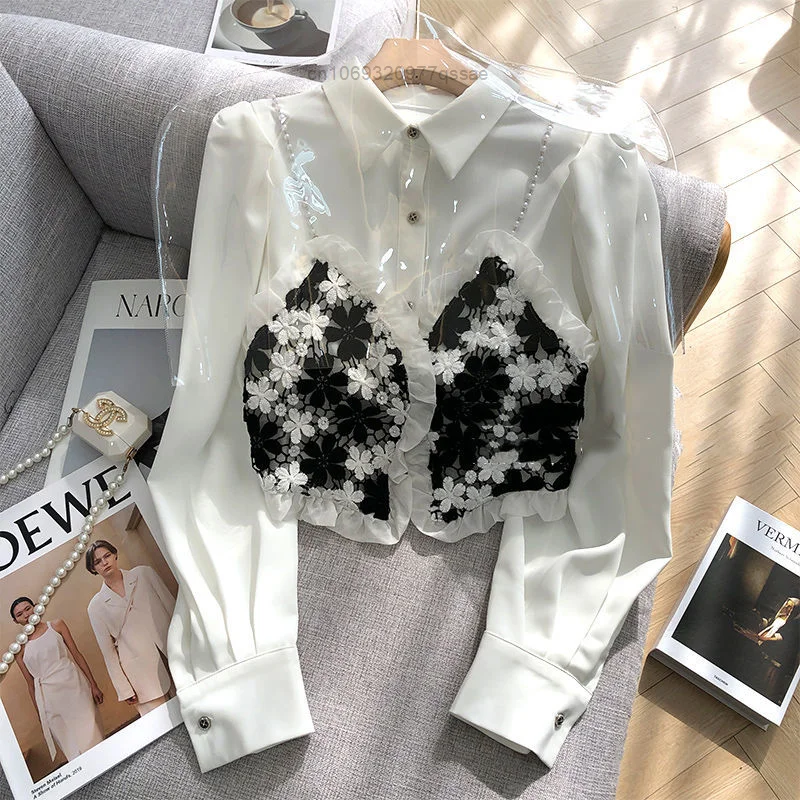 

Женская блузка с вышивкой и длинным рукавом, розовая блузка в стиле 90-х, с вышивкой и цветами, в французском стиле, весна