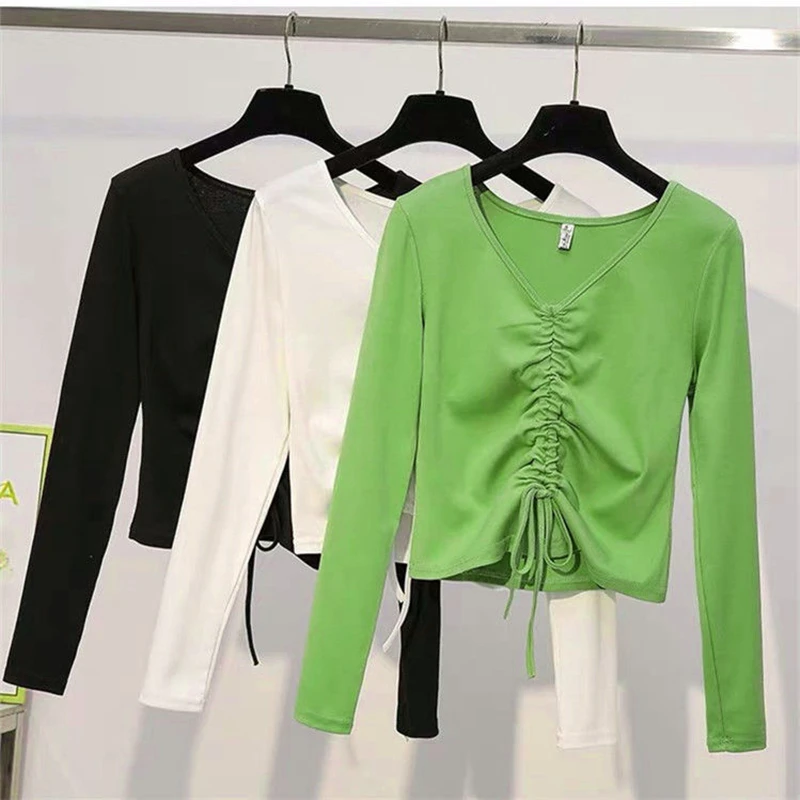 

V-Neck Long Sleeve T-Shirts Spring Autumn Fashion Woman Blouses 2022 One Piece Kawaii Clothes Drawstring Slim Crop Top Wholesale