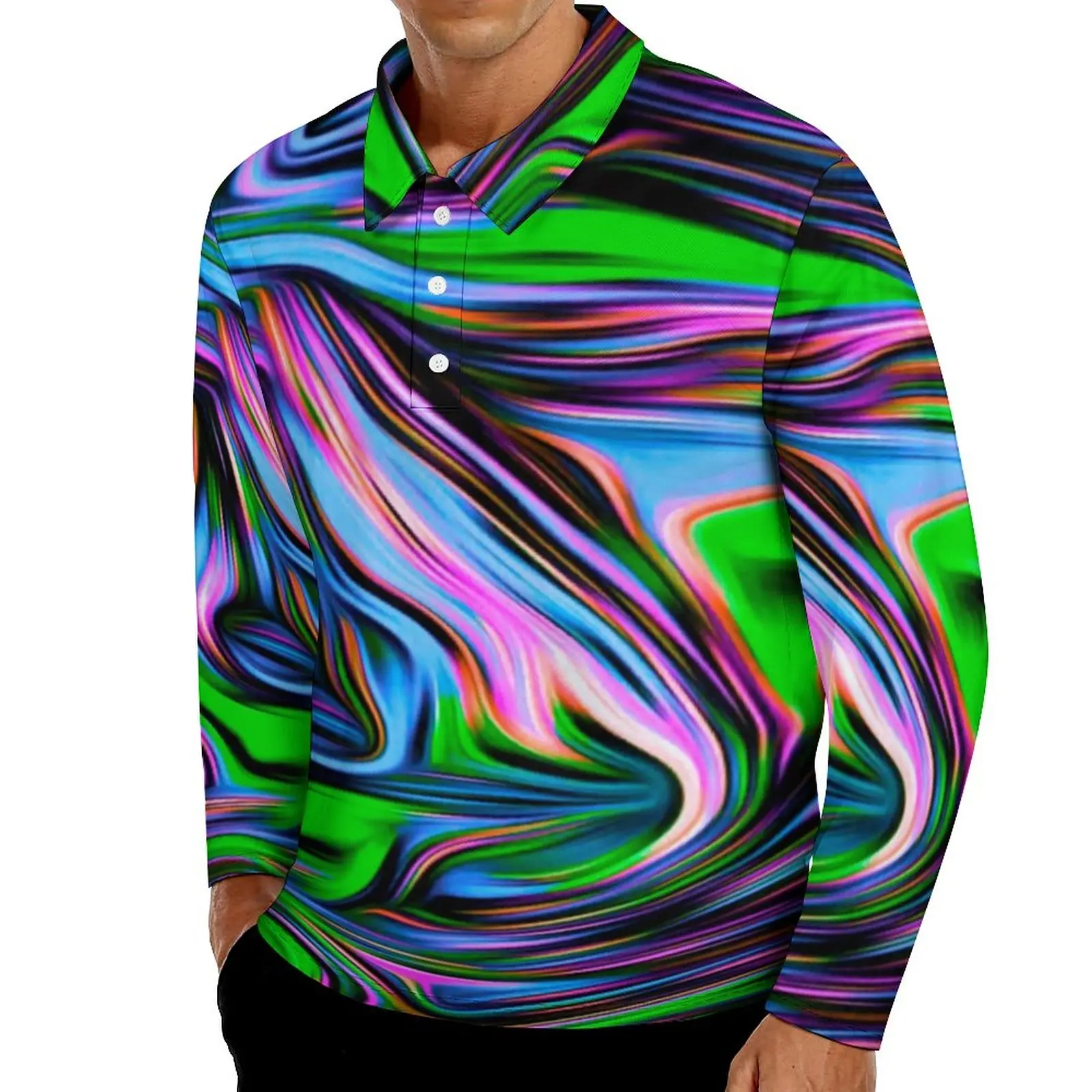 

Красочные повседневные футболки с абстрактным принтом, неоновые рубашки-поло с завитками, мужские осенние Топы большого размера с длинным ...