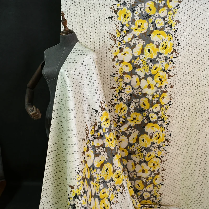 

Flower Vine Yellow Tone Elegant Soft Drape Haute Blouse Dress Skirt Mulberry Silk Fabric Satin Material By The Yard Needlework