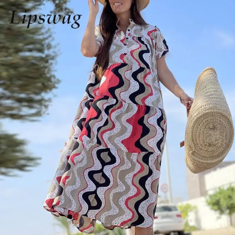 

Summer Fashion Wave Striped Print Long Dress Casual Short Sleeve Loose Bohemia Dress Women Button Stand Collar Beach Shirt Dress