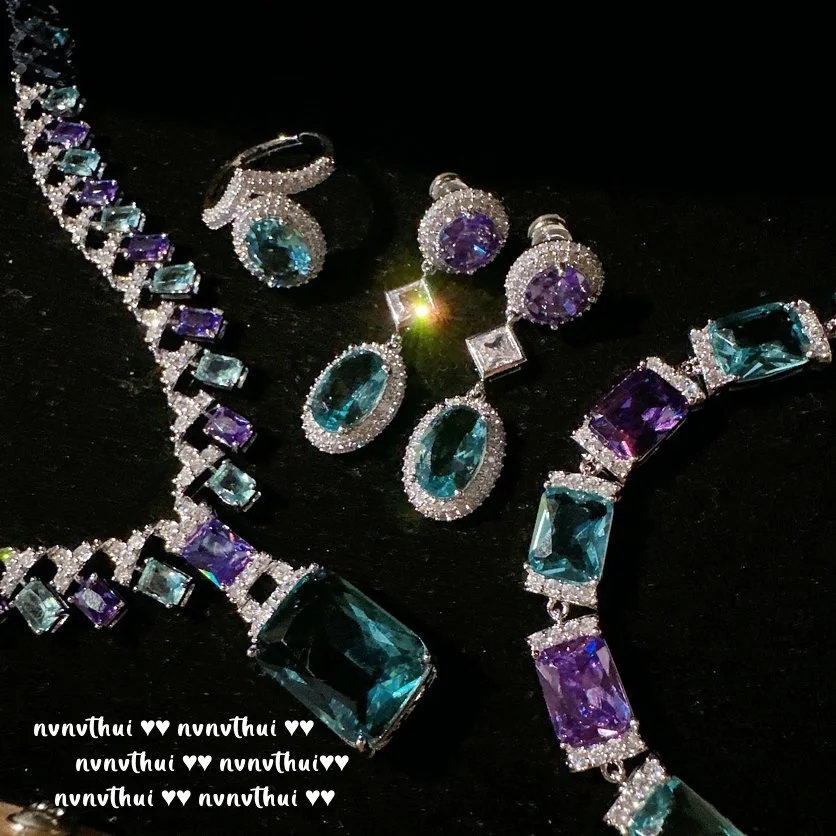 

2023 Colored Jewelry New Vintage Droplet Uruguayan Amethyst Tassel Necklace Plated with 18K Gold Aqua Blue Large Carat Zirconia