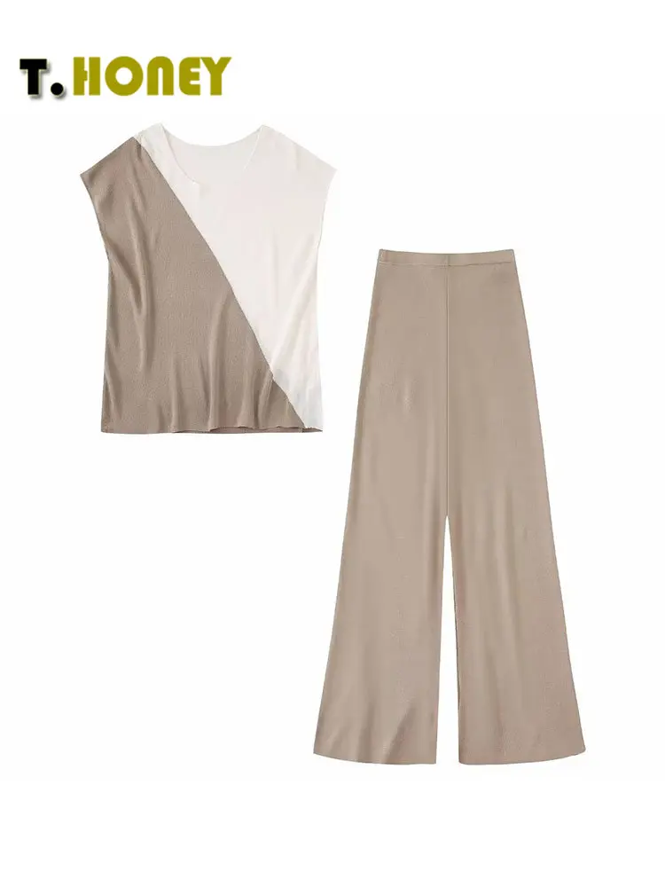 

TELLHONEY модные женские топы с круглым вырезом контрастных цветов без рукавов с эластичным поясом длинные брюки женский шикарный вязаный комплект из двух предметов