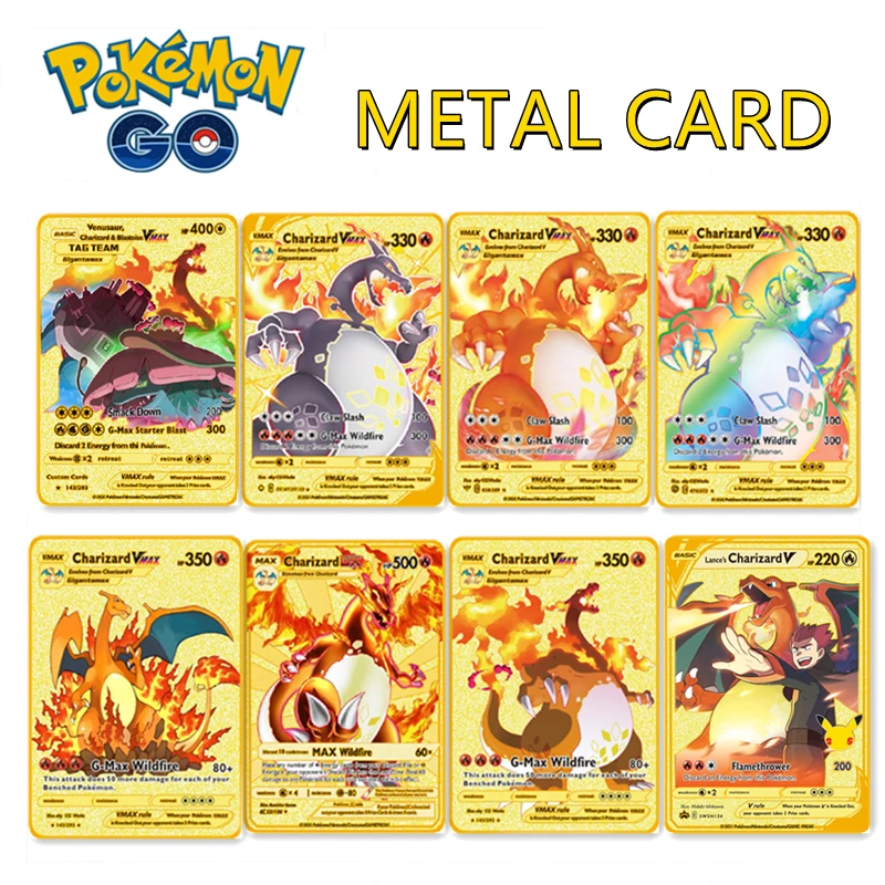 

TAKARA TOMY Pokemon Metal Card Game Anime Battle Card Gold Charizard Pikachu Collection Card Action Figure Model Child Toy Gift