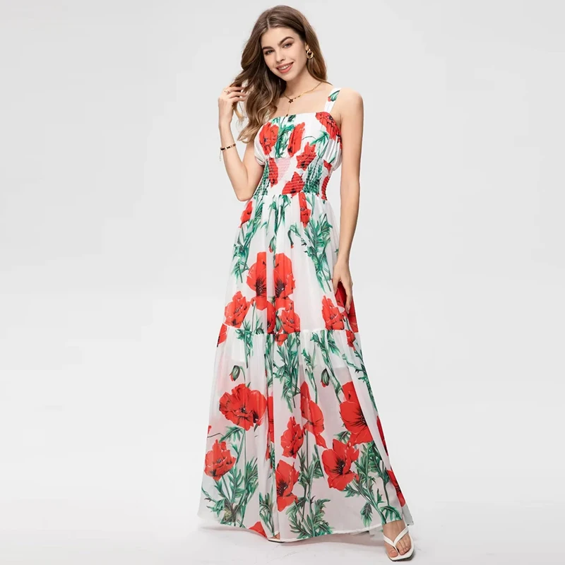 Janeyiren fashion catwalk summer square neck sleeveless suspender floral print lotus edge long dress