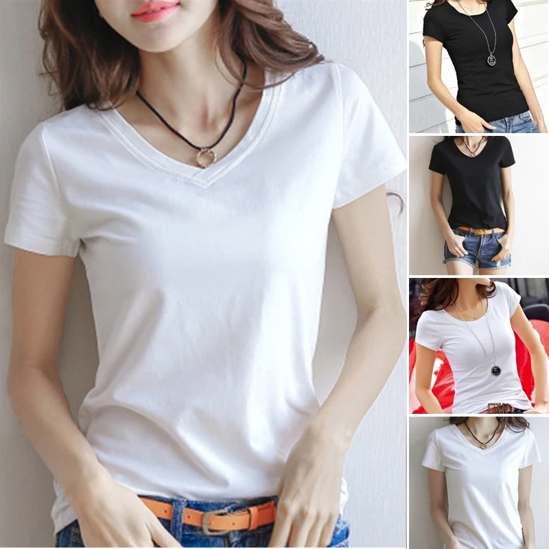 

Basic Solid Color T-shirt Female V-Neck Tops Summer Women's Short Sleeve Black White T Shirt Round Neck Casual Tee Shirts