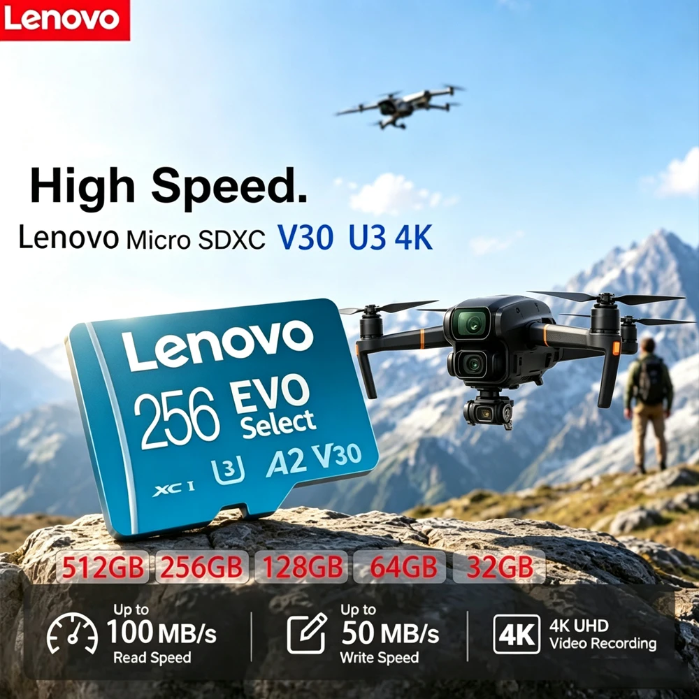 Фото Оригинальная карта памяти Lenovo TF U3 Class10 A2 V30 высокоскоростная для видеонаблюдения, MP4, мобильных телефонов - до 512 ГБ №1