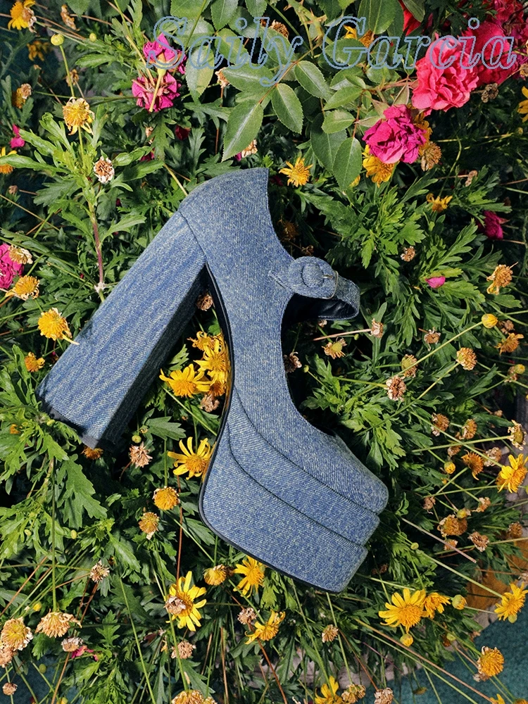 

Denim Square Toe Chunky Heel Platform Mary Jane Pumps Thick Bottom Sweet Buckle Women 2022 Autumn Shallow Hollow Shoes