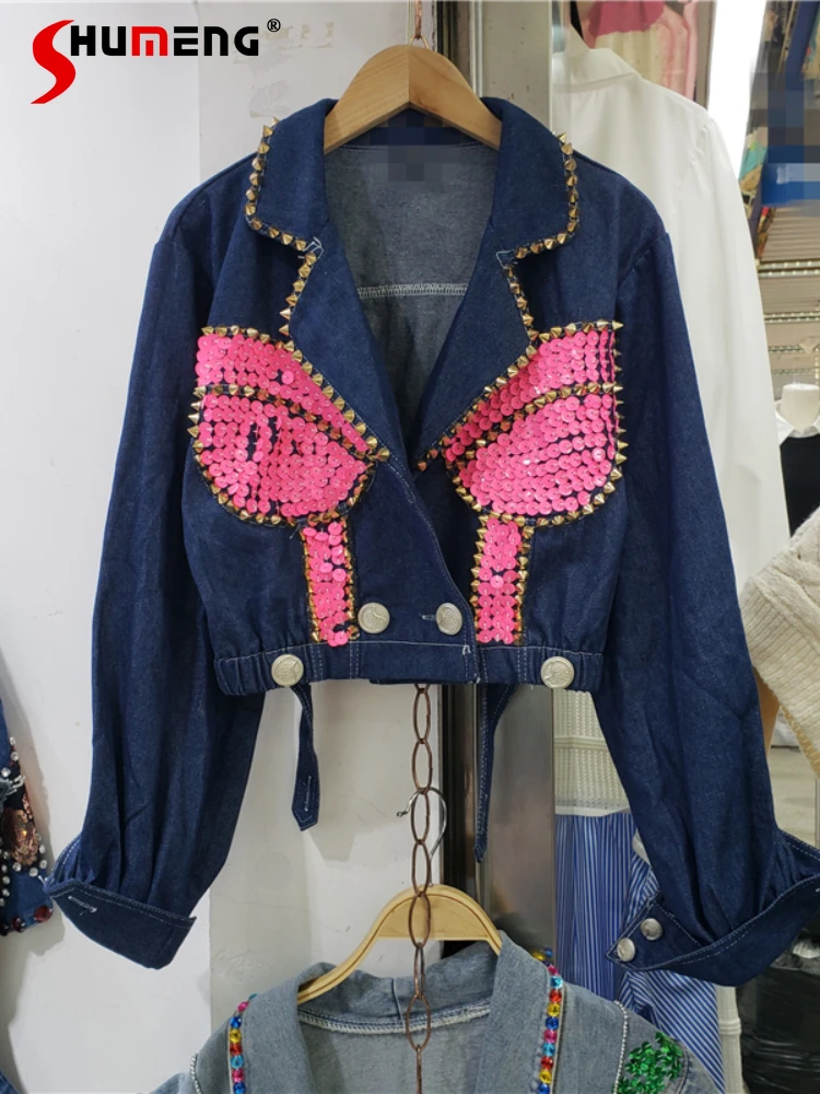 Rivets Pink Sequin Bow Denim Jackets for Women 2022 Autumn New Women's Autumn Loose Long Sleeve Suit Collar Jeans Coat Feminino