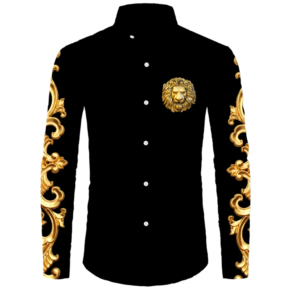 Gold Lion Pattern 3D Printed Men's Shirt Long Sleeve Lapel Button Top Fashion Baroque Style Men's Streetwear Spring Autumn Men's