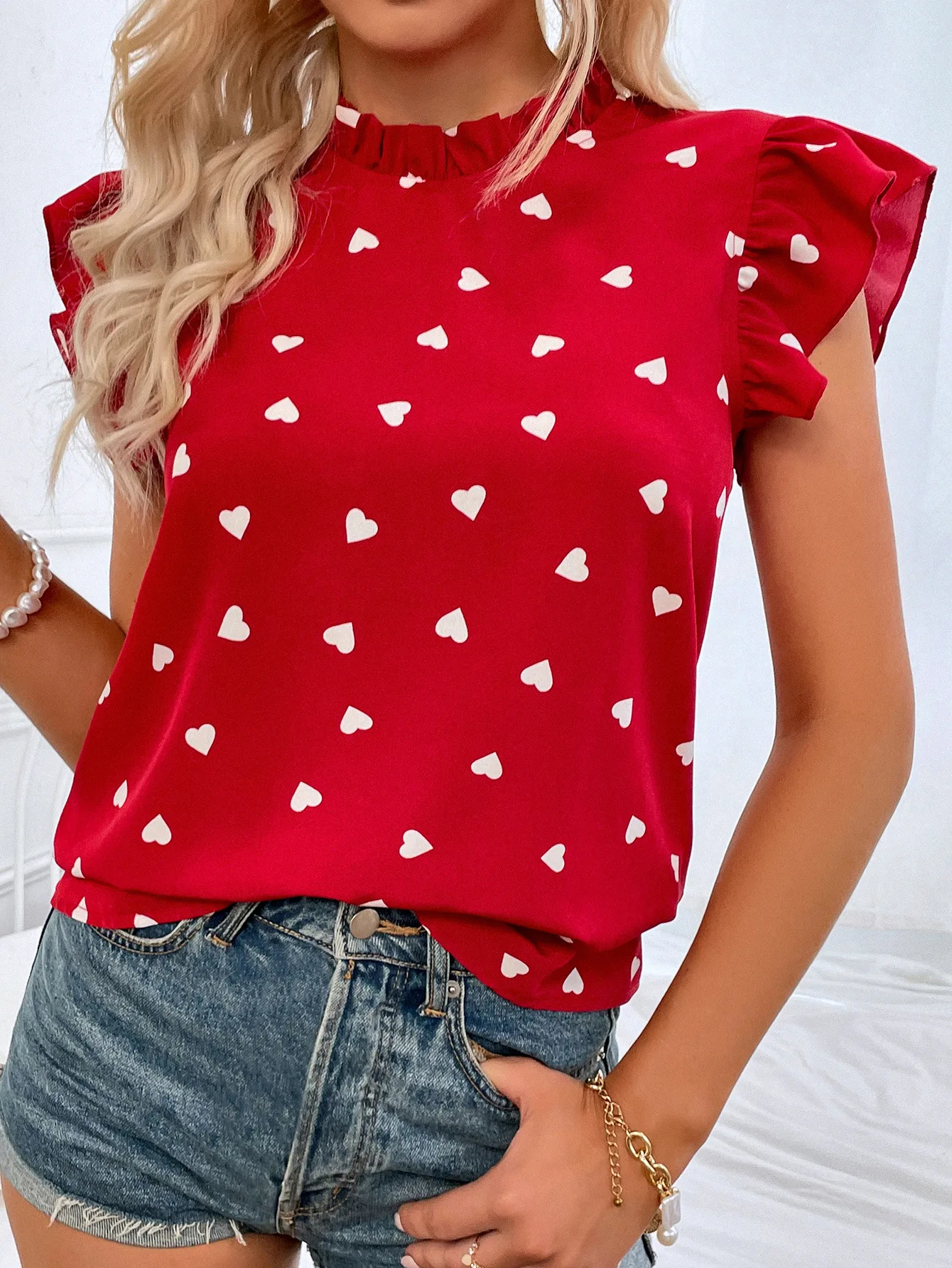 

Heart Print Blouse Women Tops Fashion Office Ruffles Sleeve Basic Shirts Ladies Office Pink Red Casual Summer Blouses Blusas