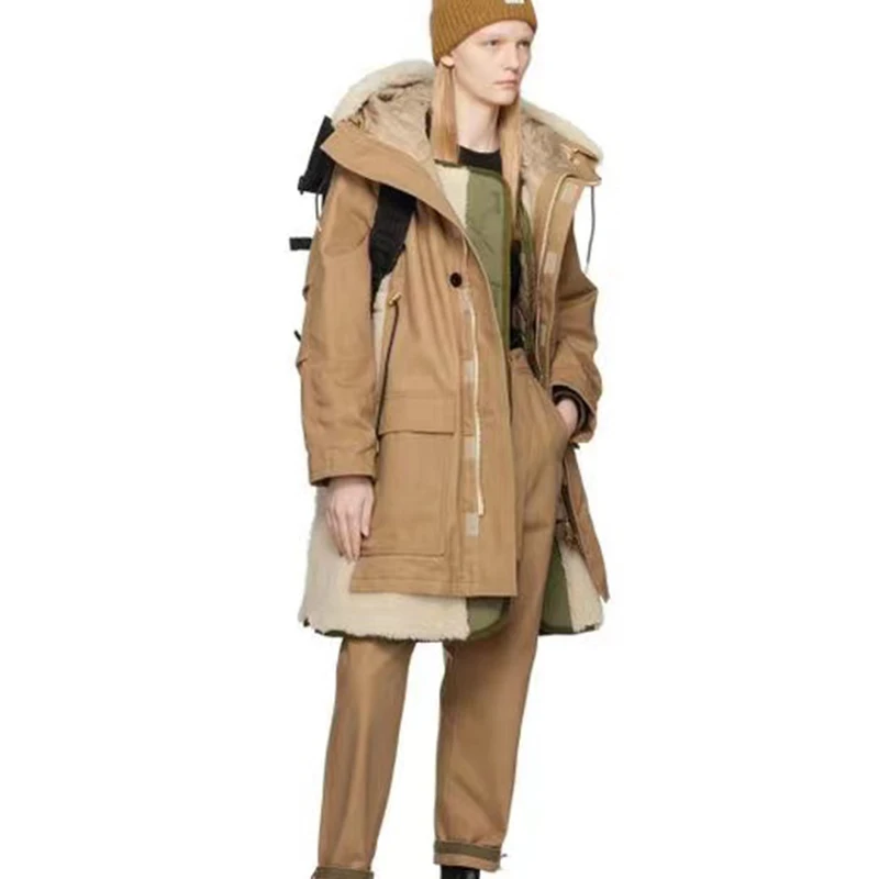 

Хлопковая одежда на шнуровке в стиле пэчворк, Женское пальто высокого качества, новинка 2023, длинная куртка с большим воротником из волос на осень и зиму