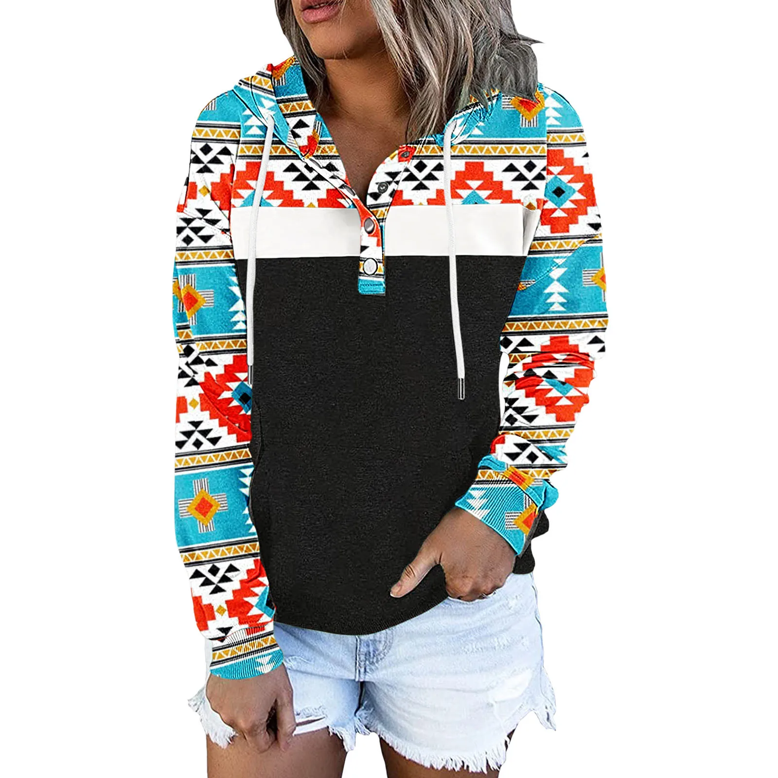 

Women Shirt Drawstring Button Pocket Long-Sleeved Hoodie Printed Top Sweater Sweatshirts Women Hoodie Pullover Space Tunic