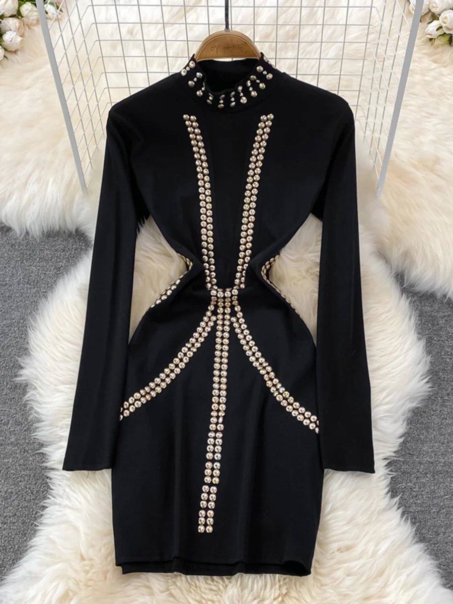 

Соблазнительное женское черное облегающее платье с заклепками, женское демисезонное Платье-футляр с воротником-стойкой и длинным рукавом, ...