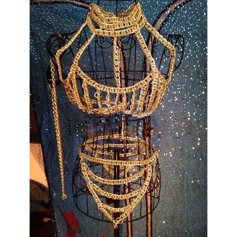 Женский короткий бюстгальтер с цепочкой золотистый сексуальный костюм для