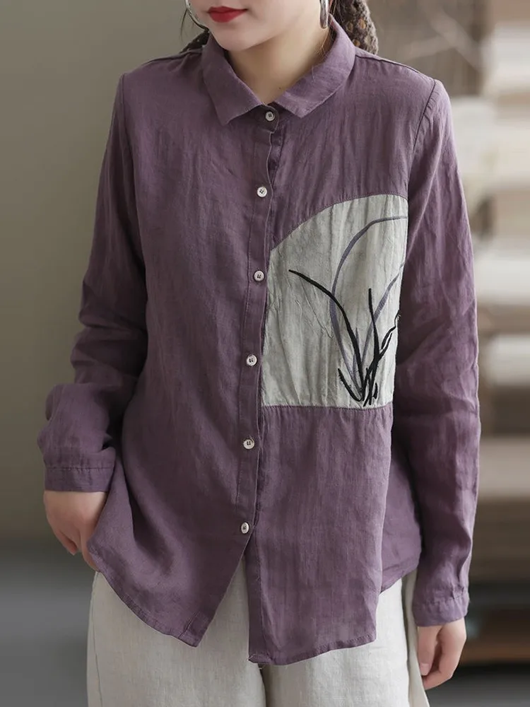 

Женская рубашка с длинным рукавом, Повседневная Свободная рубашка из хлопка и льна с цветочным принтом в винтажном стиле, модель D190 на весну...