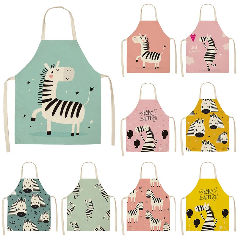 

Cartoon Zebra Print Women's Kitchen Cooking Sleeveless Kids Apron Cotton Linen Decorative Antifouling Bib Home Cleaning Apron