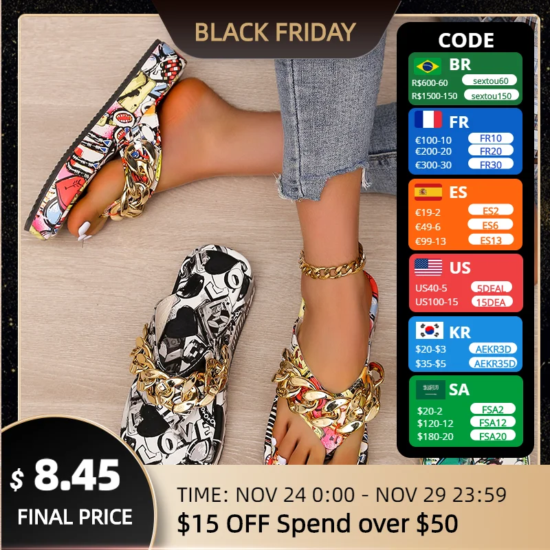 

Женские сандалии с граффити Comemore, модные шлепанцы с металлической цепочкой, сандалии на плоской платформе, Повседневные тапочки, 43, лето 2022