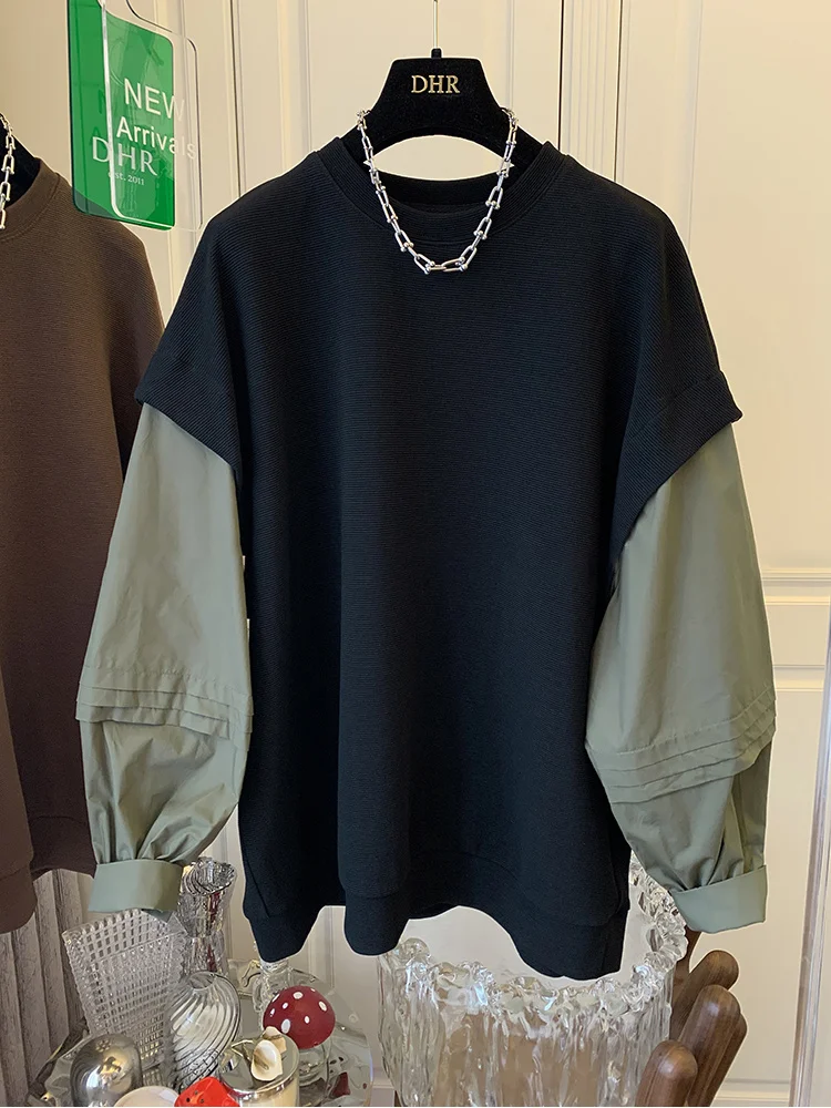 

SuperAen Fake Two-piece Swtitching Sweatshirt Women's Loose Casual 2022 Autumn Oversize Pullover Tops