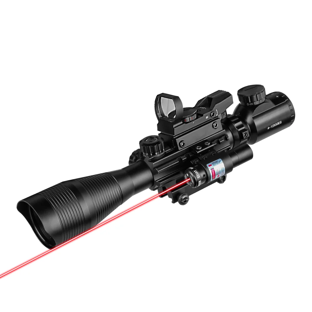 4-12x50EG Tactical Optic Riflescope Red Green Illuminated Holographic Reflex 4 Reticle Red Green Dot 3 in 1 Combo Hunting Scope