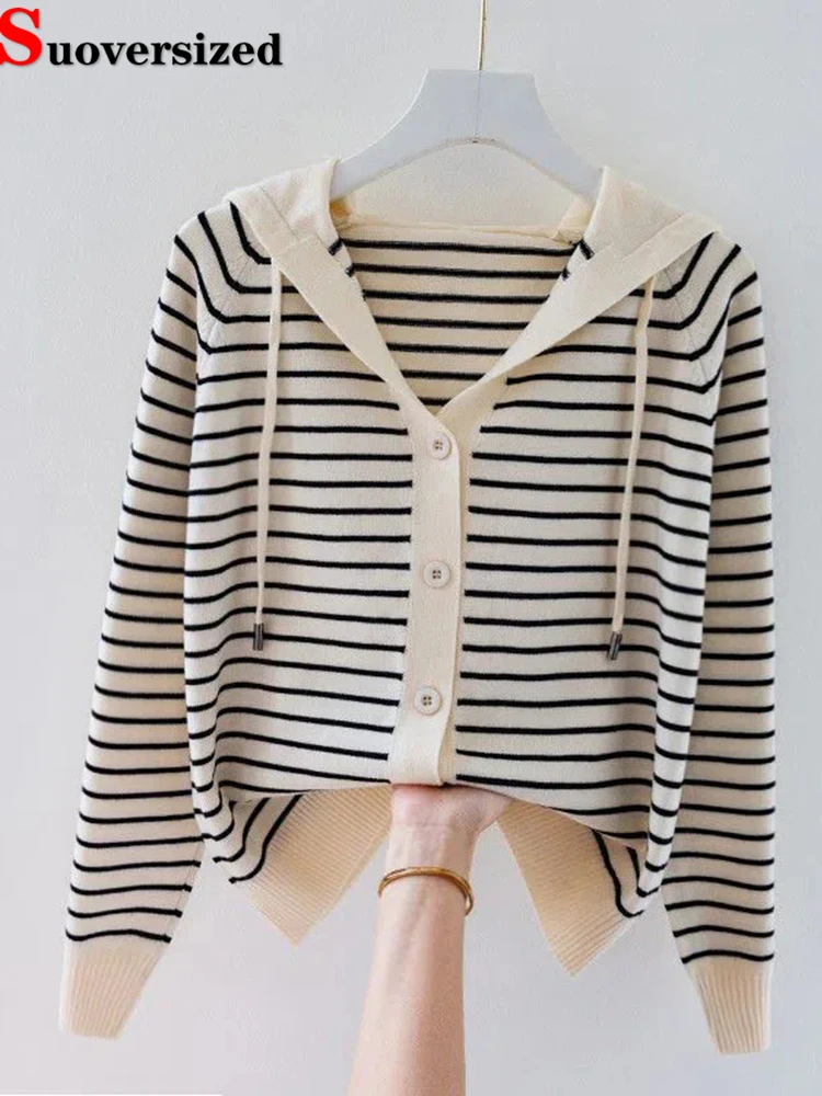 Stripe Hooded Thin Oversize 4xl Knitted Cardigan Tops Spring Fall Women's Loose New Elegant Casual Knitewear Sweater Chic Coat