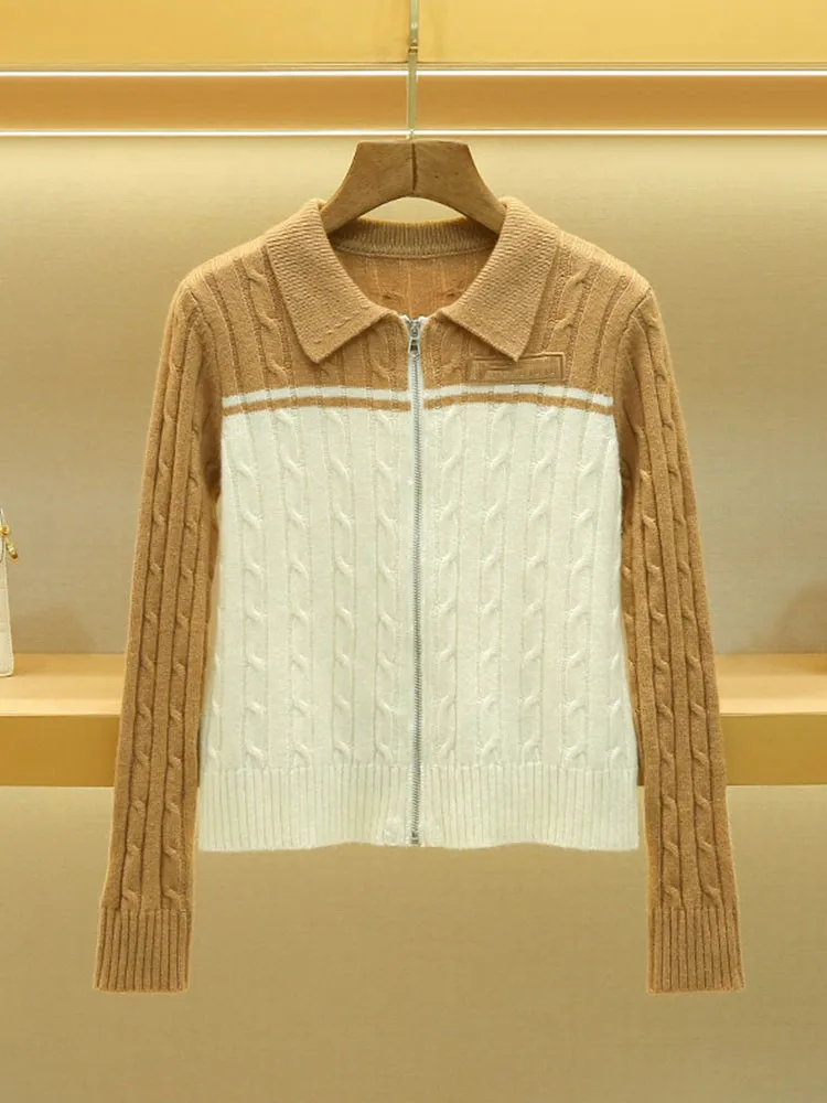 2023 Designer Women's Fashion Slim Lapel Fitted Knitted Cardigan Spring Autumn Zipper Twist Sweater Long Sleeve Jacket