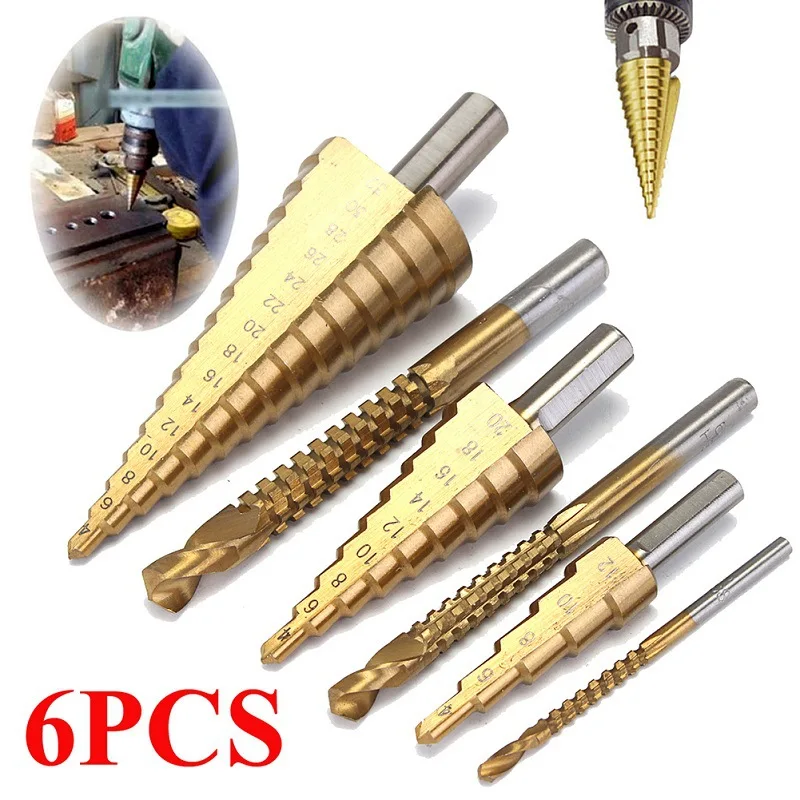 6Pcs 4-12/20/32mm HSS Steel Titanium Step Drill Bit Set 3,6,