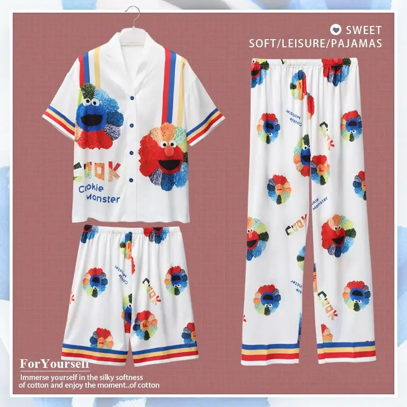 

Women sleeve elegant luxury silk pajamas soft silk three-piece pajamas women