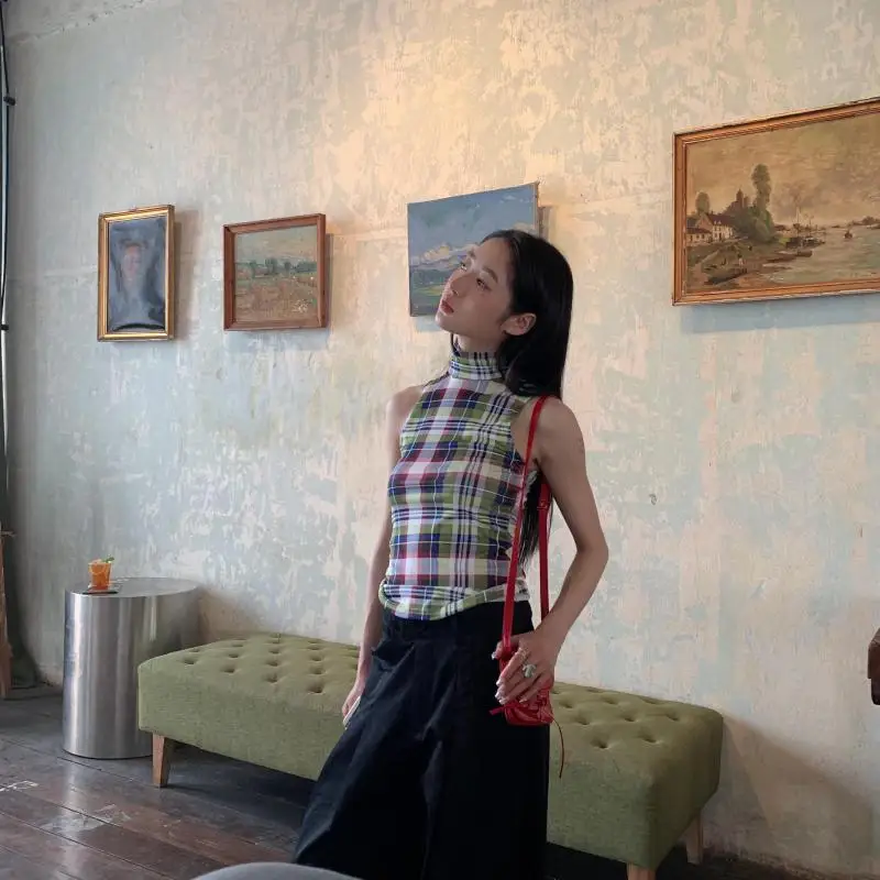 Seeslim клетчатые топы на бретелях женская одежда футболки без рукавов винтажная