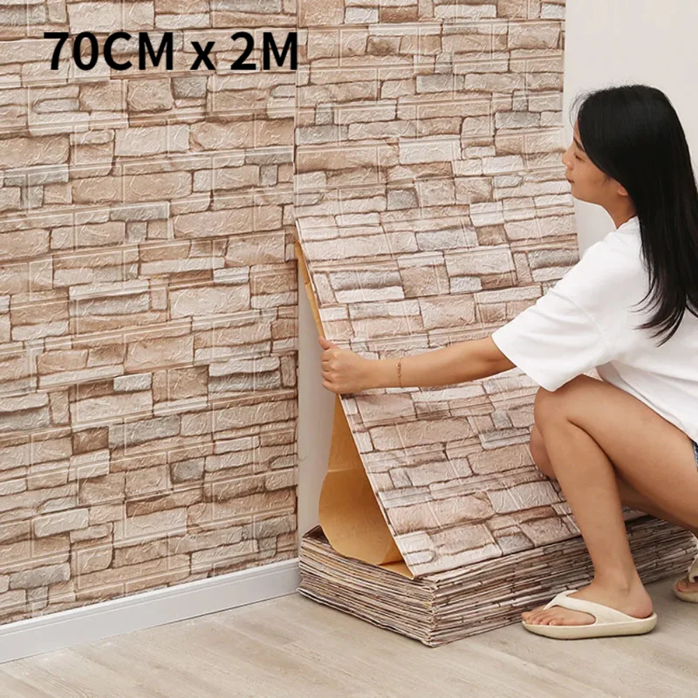 

70cmx2m Continuous 3D Self-adhesive Retro Foam Brick Wallpaper Waterproof and Oil Proof Sticker for Living Room Home Decoration