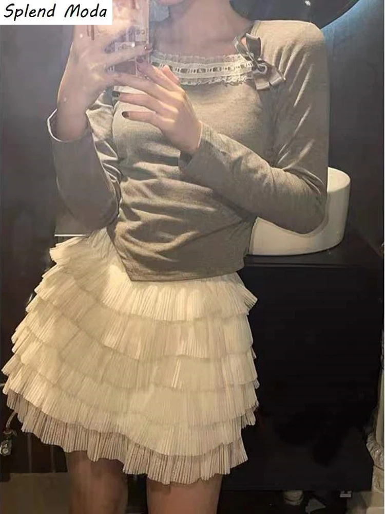 

Splend Moda 2022 Summer New Women's Clothing Hot Girl Cake Skirt Korean Version Sweet Elastic Waist Folds Mesh Mini Skirts