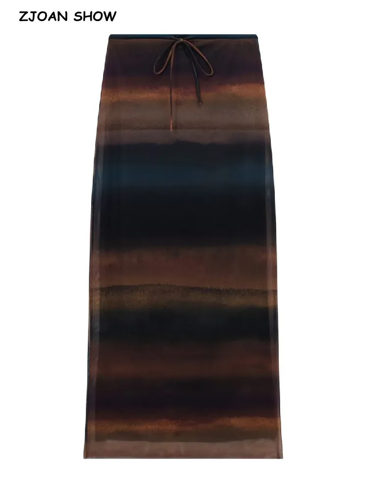 

2022 Sexy Tie-dye Color Print Mesh Midi Skirt Retro Women Rope lacing up Waist Package Hips Skirts Stretch Tight