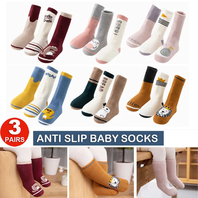 

0-3T 3Pairs Baby Boys Girls Toddlers Knee High Long Socks Lot Non Slip Anti Skid Cute Kids Winter Warm Thick Cotton Socks