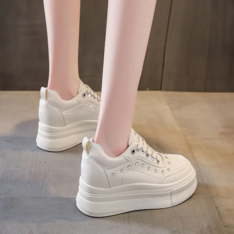 Height Increasing Insole Women's 2023 Spring New Rhinestone White Shoes 8 cm Platform Casual Popular Sneakers