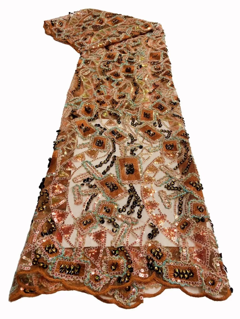 

2022 French Nigerian Lace Peach African Beaded Lace High Quality brode suisse Embroidery Net Tulle Lace Fabric QXR1-4