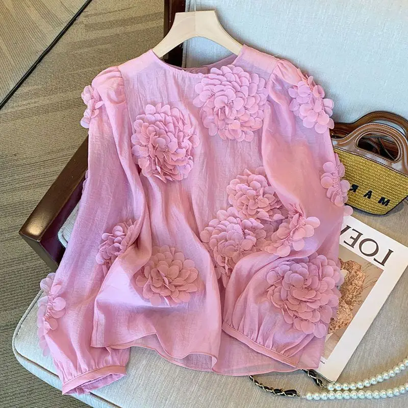 

2023 Spring Autumn Sweet Floral Stereoscopic Shirt Female Clothing Long Sleeve Commute Round Neck Stylish Korean Straight Blouse