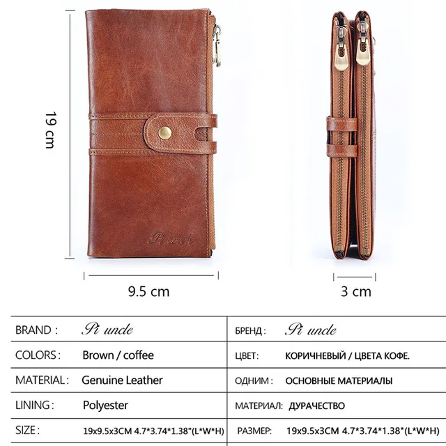Long Zipper Genuine Leather Wallets for Men RFID Blocking Card Holder Bag Coin Purse Vintage Cow Skin Wallet Man 6