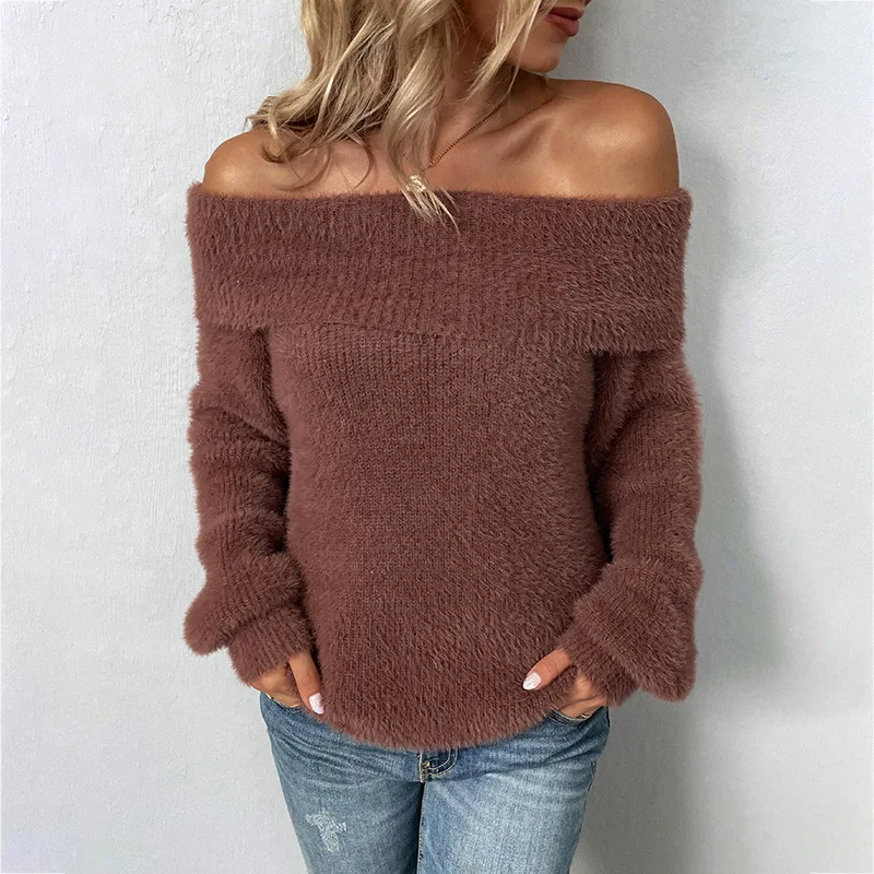 

Women's Slash Neck Solid Sweater Pullovers Off Shoulder Kintting Tops Casual Loose Lantern Sleeves Jumpers Autumn Winter