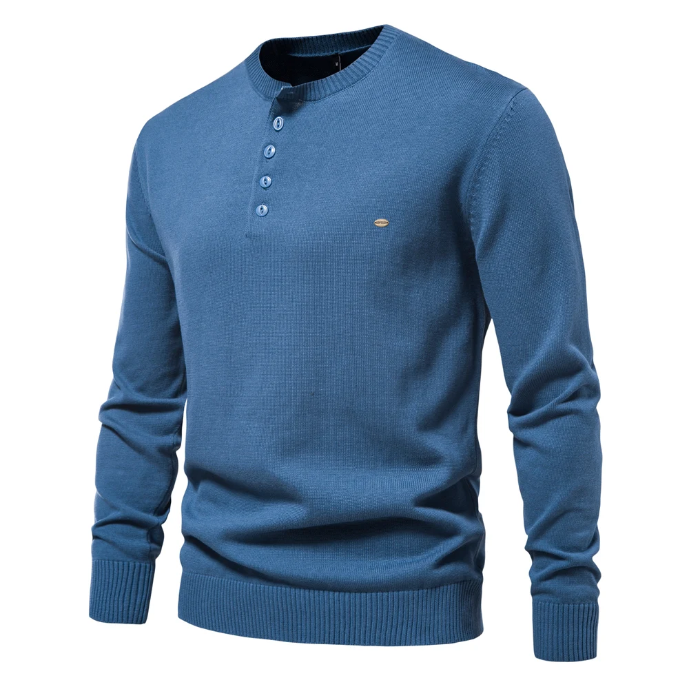 2023 Men's Henley Collar Sweaters 100% Cotton Solid Color Casual Men's Pullovers New Autumn Thin High Quality Sweaters