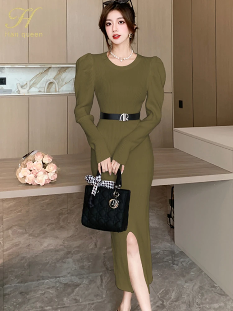 

Осенне-зимнее элегантное платье-карандаш H Han Queen, Женские Простые эластичные вязаные облегающие платья-футляры с пышными рукавами, офисные платья